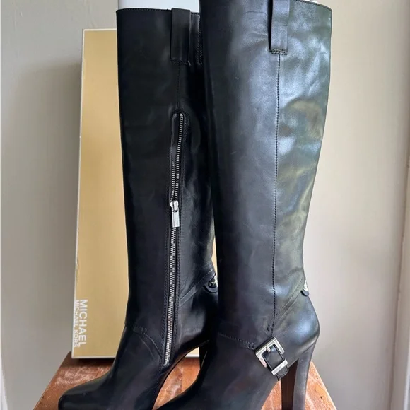Michael Kors Black Heeled Boots with Silver Accents - Picture 1 of 2